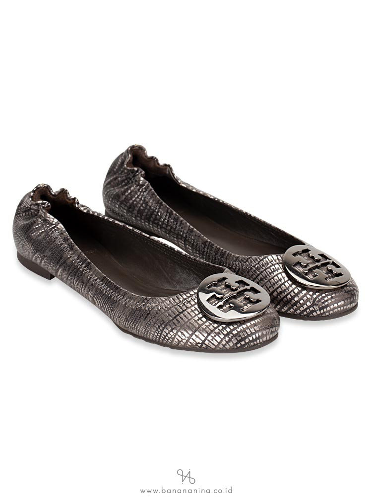 TORY BURCH Reva Embossed Metallic Lizard Ballet Silver Sz 6.5