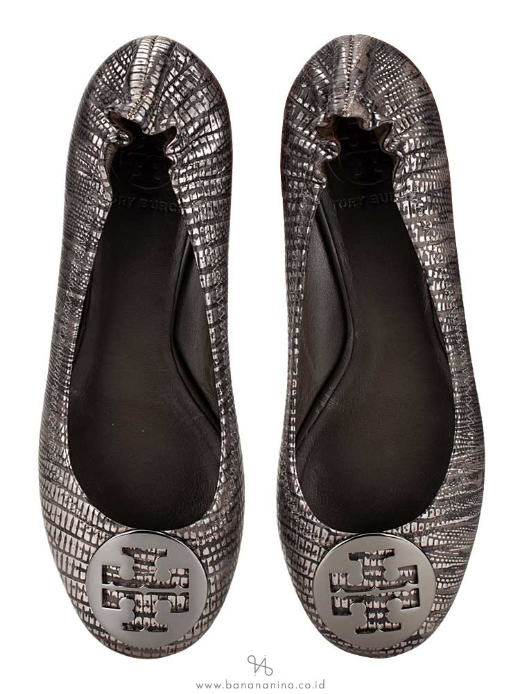 TORY BURCH Reva Embossed Metallic Lizard Ballet Silver Sz 6.5