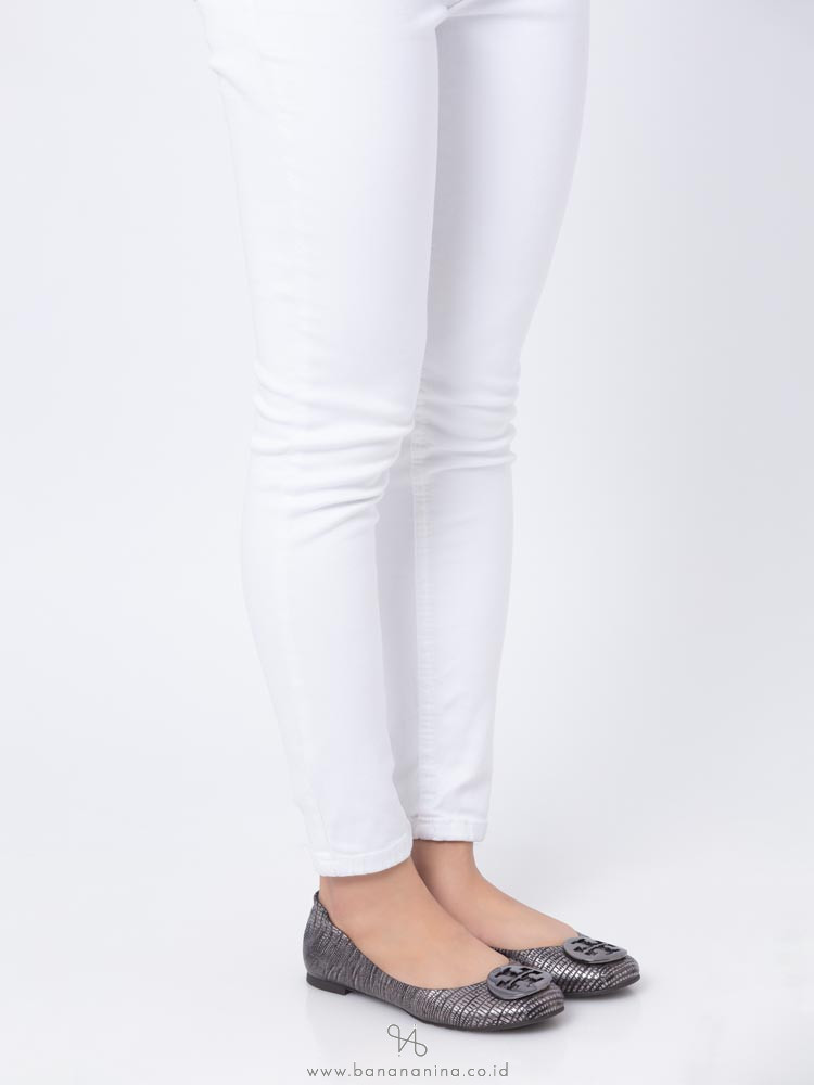 TORY BURCH Reva Embossed Metallic Lizard Ballet Silver Sz 6.5
