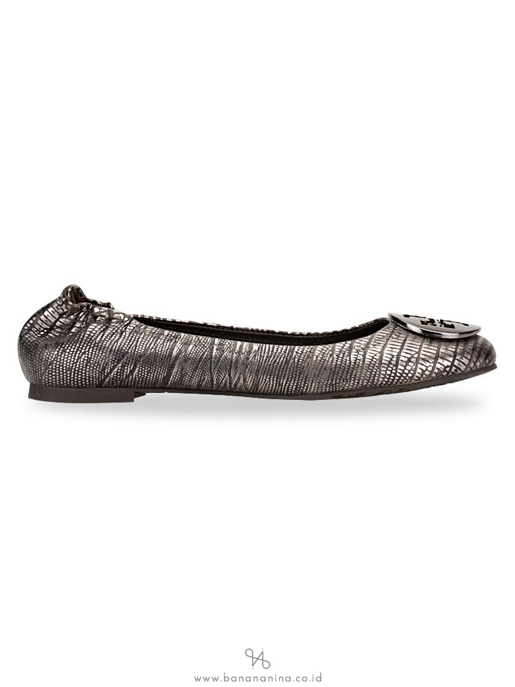 TORY BURCH Reva Embossed Metallic Lizard Ballet Silver Sz 6.5