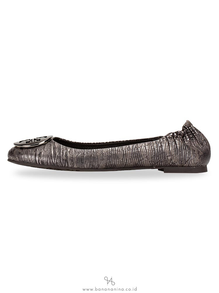 TORY BURCH Reva Embossed Metallic Lizard Ballet Silver Sz 6.5