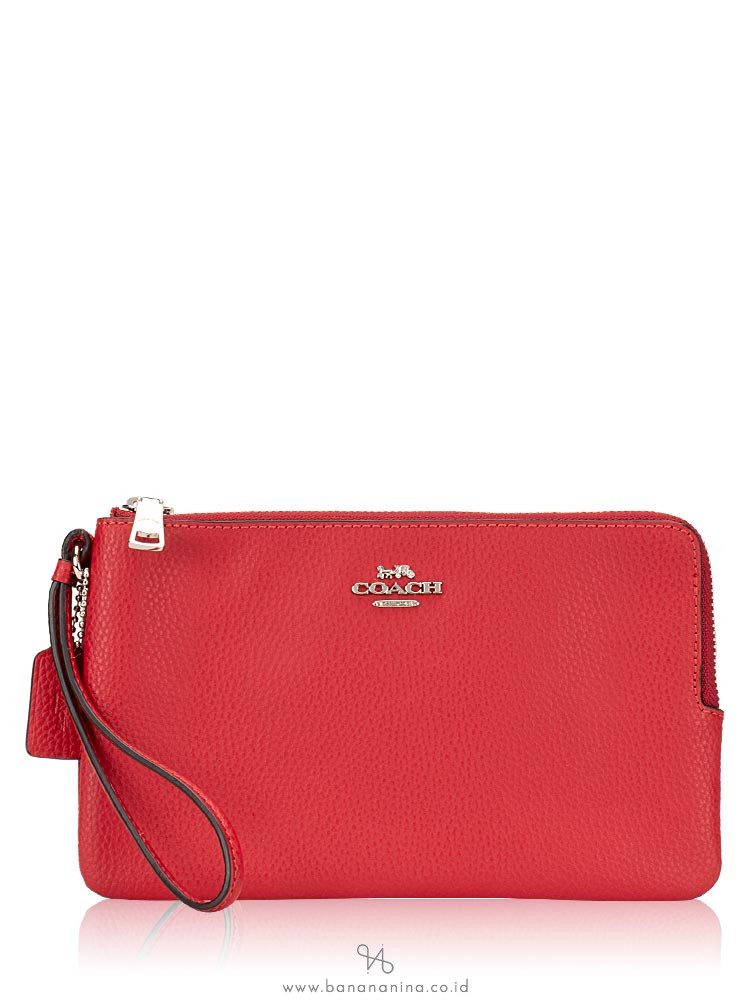 COACH 87587 Pebble Leather Double Zippy Wallet Bright Cardinal