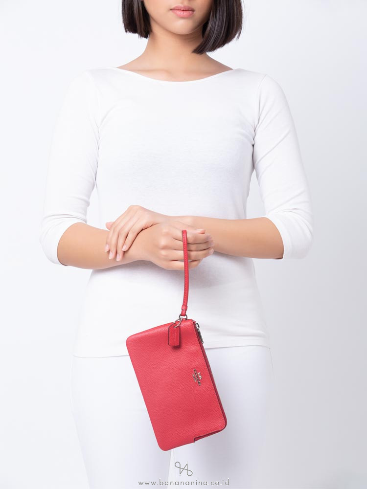 COACH 87587 Pebble Leather Double Zippy Wallet Bright Cardinal