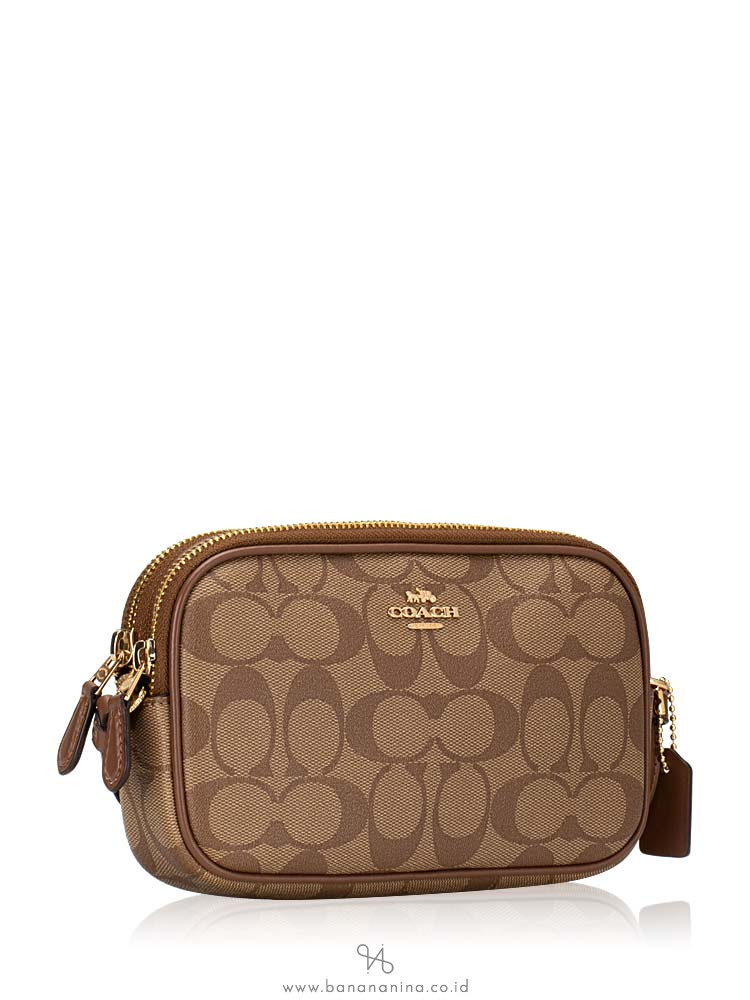 Coach 77996 Signature Double Zip Crossbody Pouch Khaki Saddle