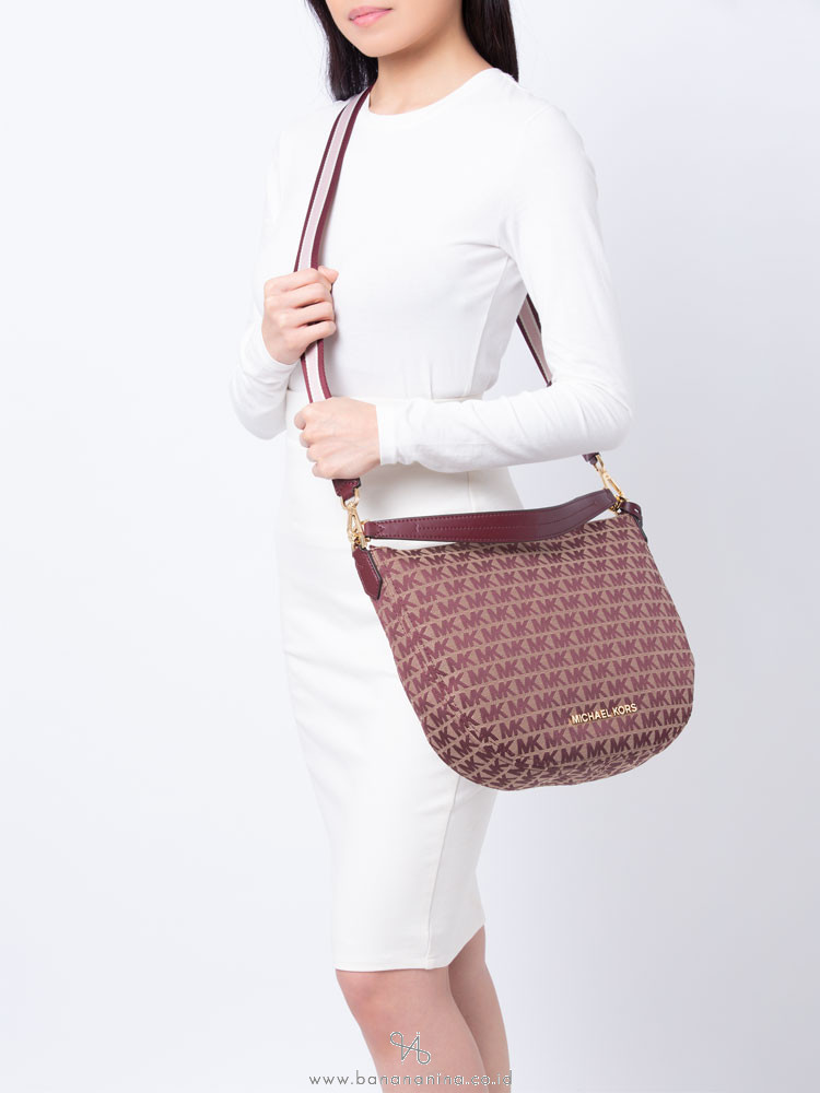 Michael Kors Bedford Signature Medium Crescent Shoulder Bag Oxblood