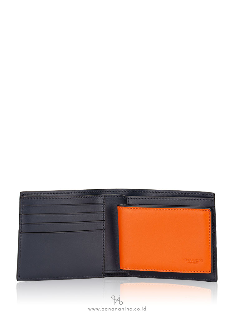 COACH Men 76947 3 N 1 Sporty Baseball Stitch Wallet Midnight Navy Orange