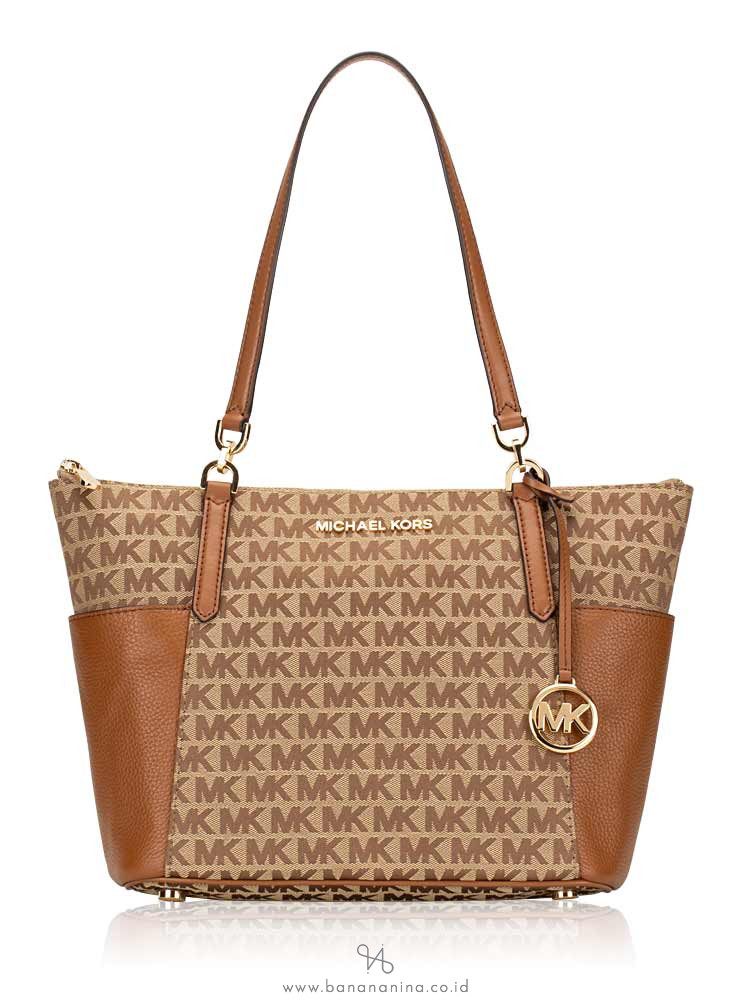 MICHAEL KORS Bedford Signature Canvas Large Zip Tote Beige Luggage