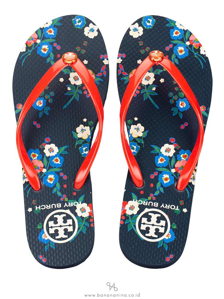 TORY BURCH Thin Printed Flip Flops Tory Red Pansy Bouquet Sz 7