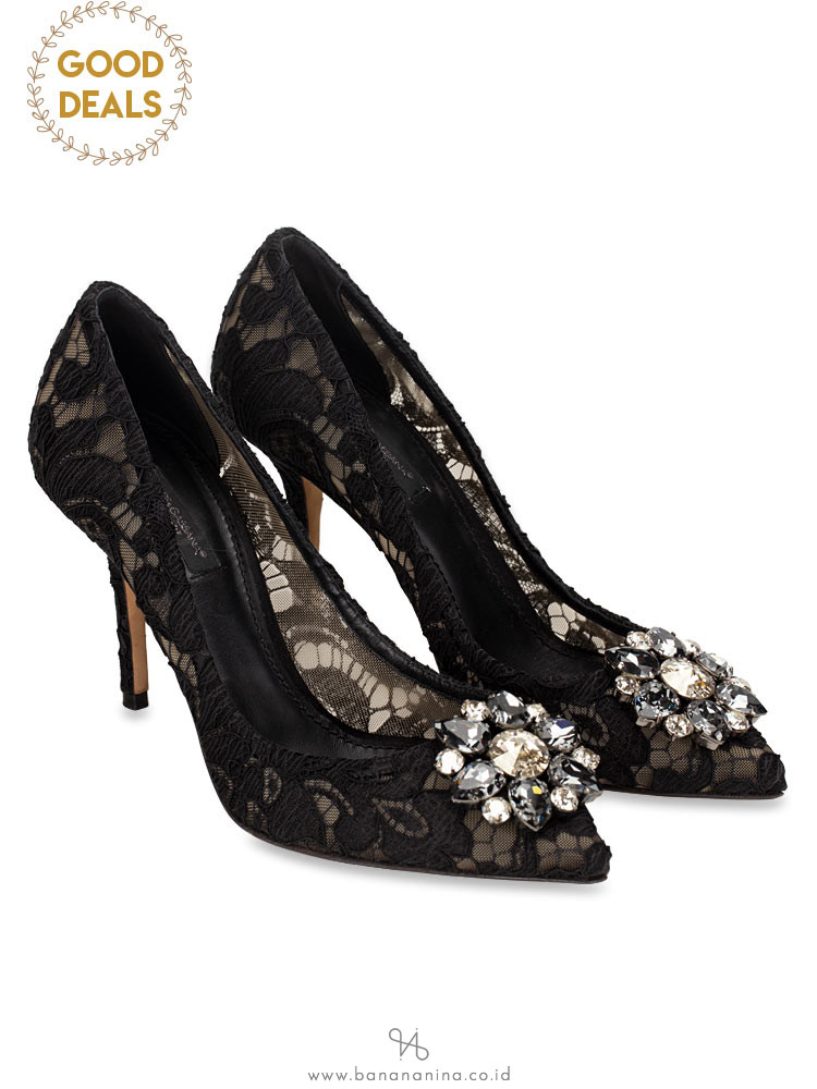 DOLCE & GABBANA Bellucci Embellished Lace Pump Black Sz 37.5