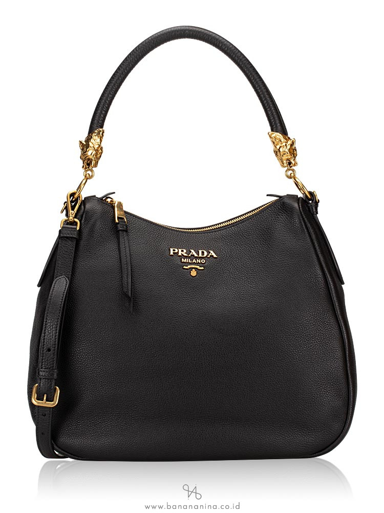 PRADA 1BC089 Vitello Phenix Tiger Head Hobo Nero Black