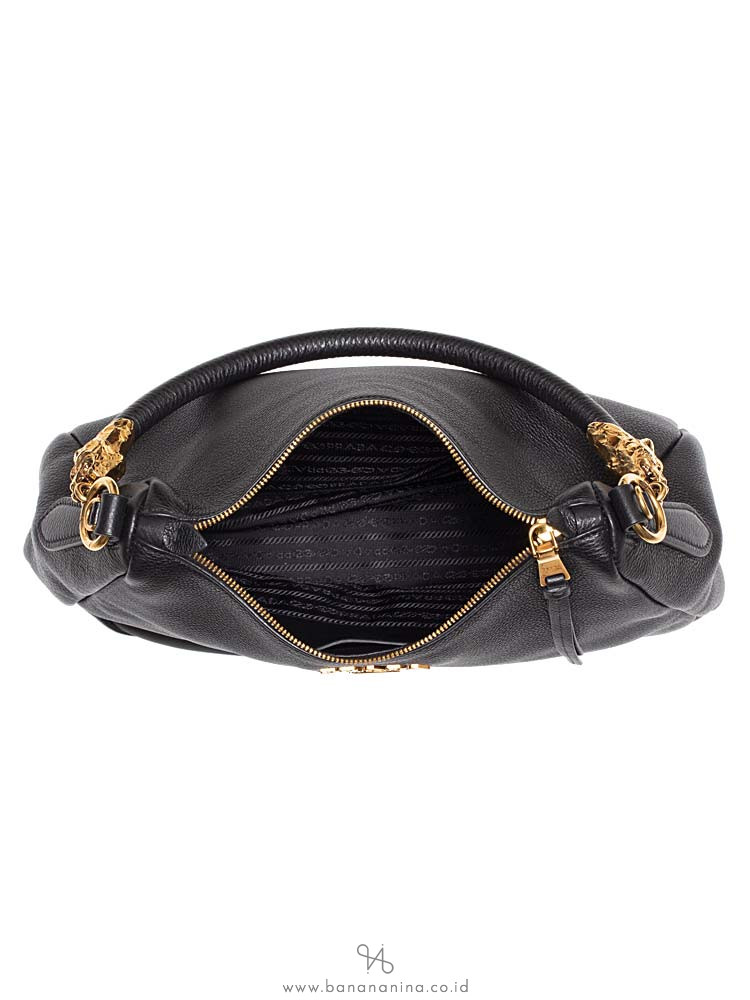 PRADA 1BC089 Vitello Phenix Tiger Head Hobo Nero Black