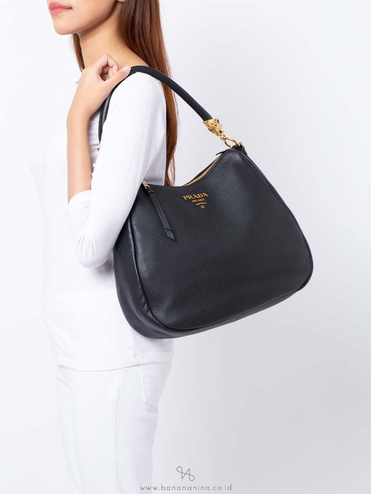 PRADA 1BC089 Vitello Phenix Tiger Head Hobo Nero Black
