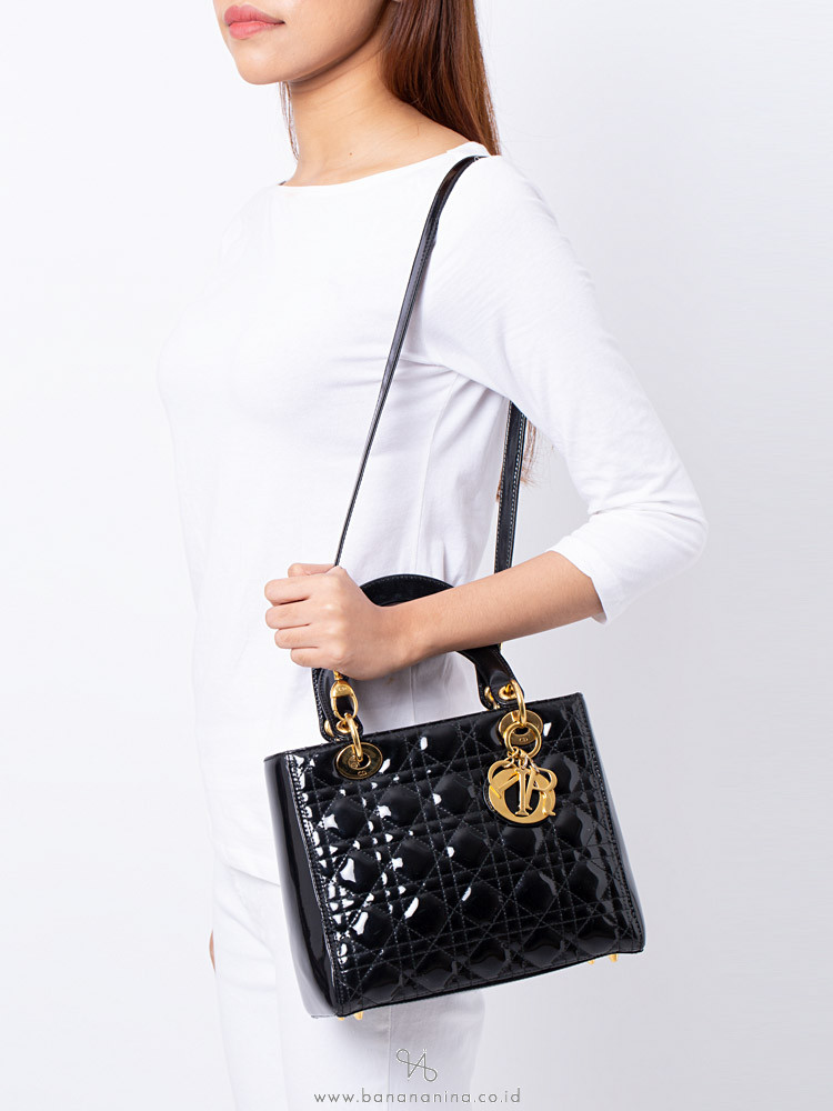 Dior Lady Dior Medium Patent Leather Bag Black