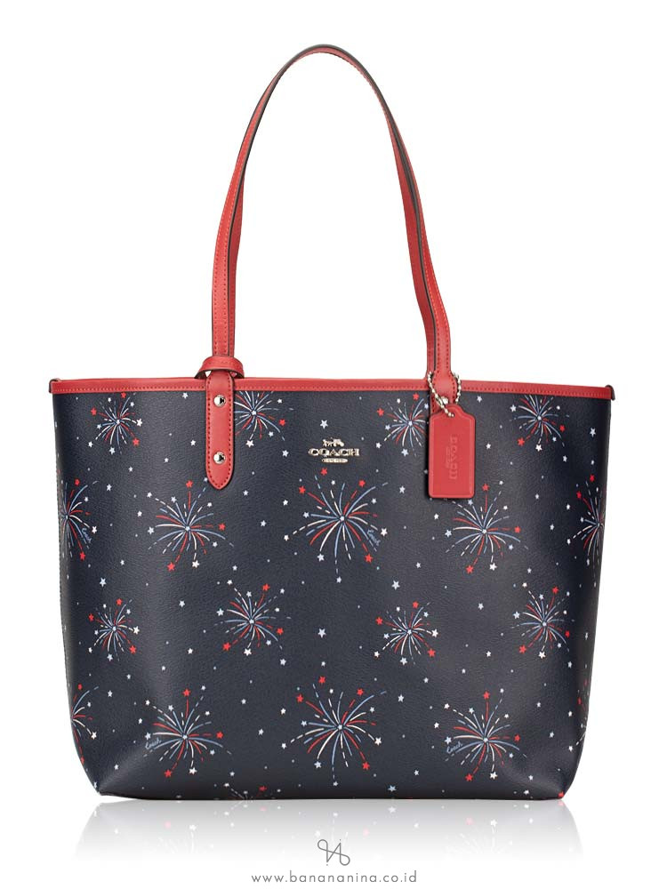 COACH 72772 Firework Print Reversible City Tote Navy Multi Washed Red