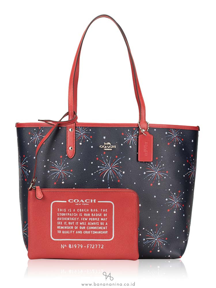 COACH 72772 Firework Print Reversible City Tote Navy Multi Washed Red