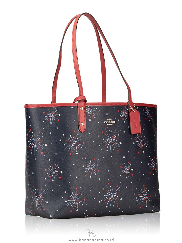 COACH 72772 Firework Print Reversible City Tote Navy Multi Washed Red