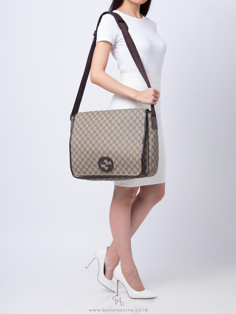 GUCCI GG Plus Interlocking G Large Messenger Beige Ebony