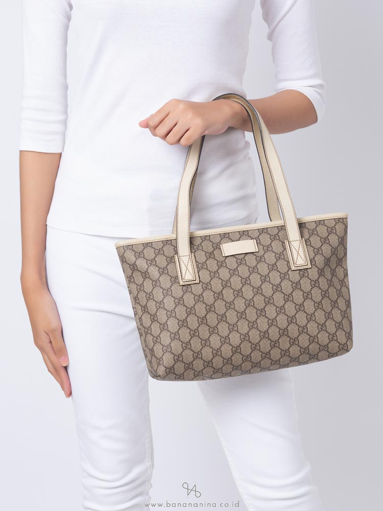 GUCCI GG Plus Small Tote Bag Beige White