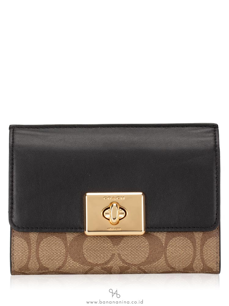 COACH 76789 Signature Cassidy Turnlock Medium Wallet Khaki Black