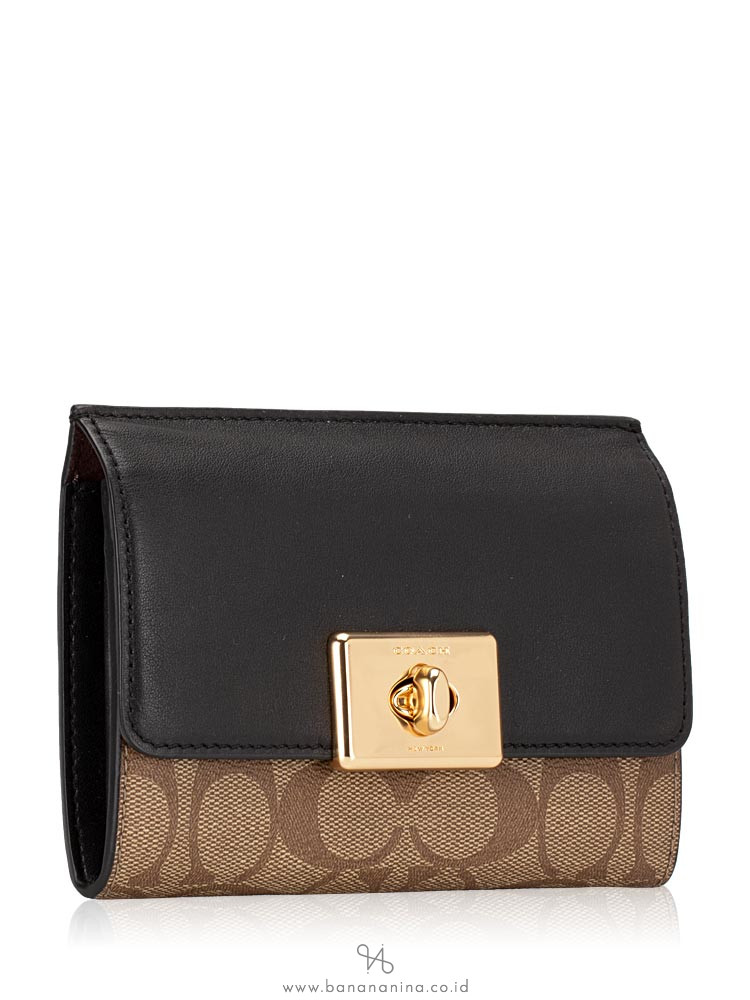 COACH 76789 Signature Cassidy Turnlock Medium Wallet Khaki Black
