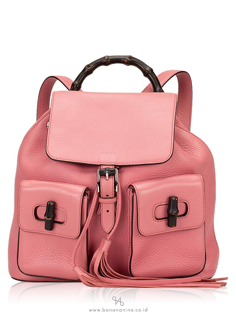 GUCCI Pebbled Leather Bamboo Backpack Pink