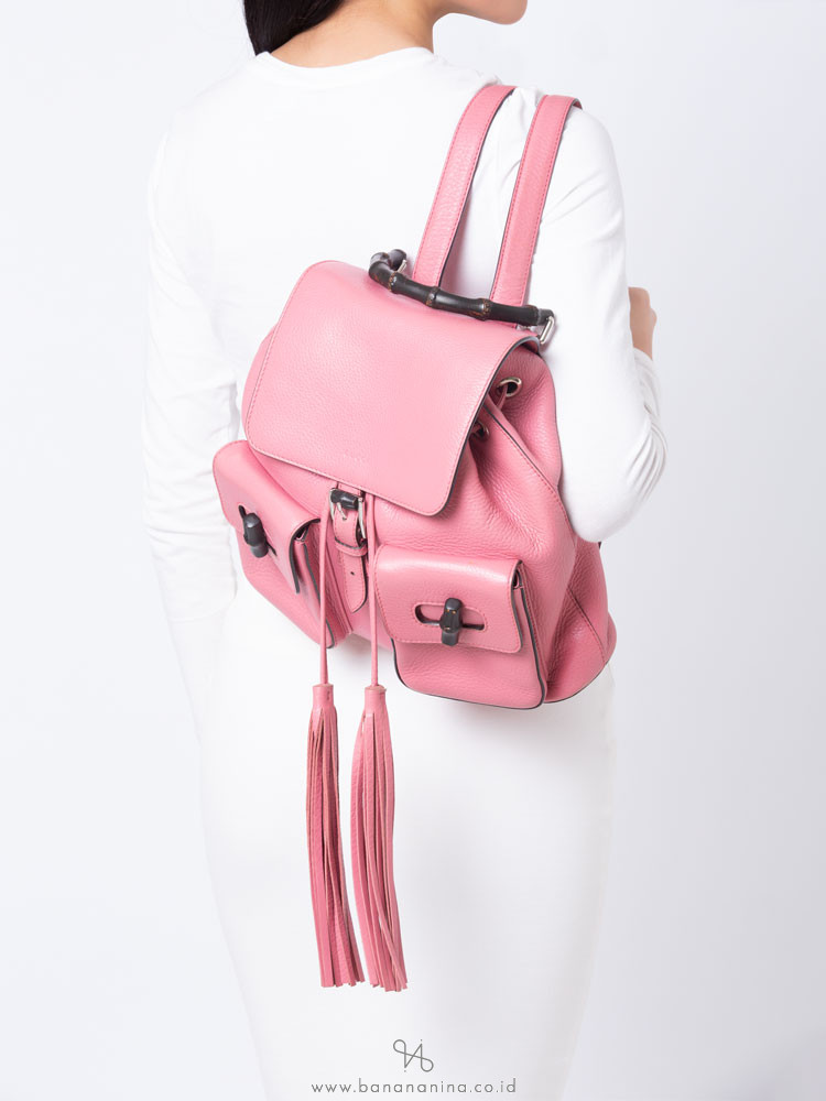 GUCCI Pebbled Leather Bamboo Backpack Pink