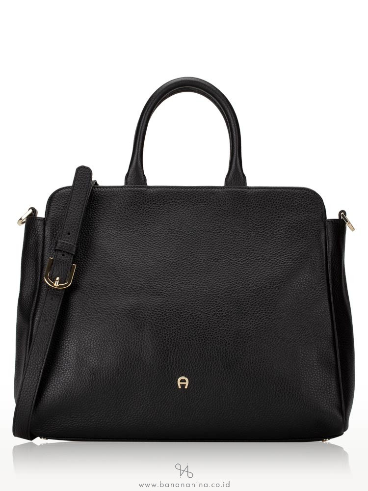 AIGNER Leather Large Satchel with Embellished Strap Black