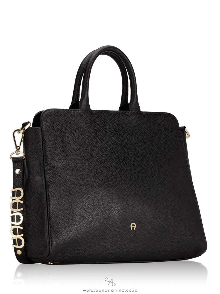 AIGNER Leather Large Satchel with Embellished Strap Black