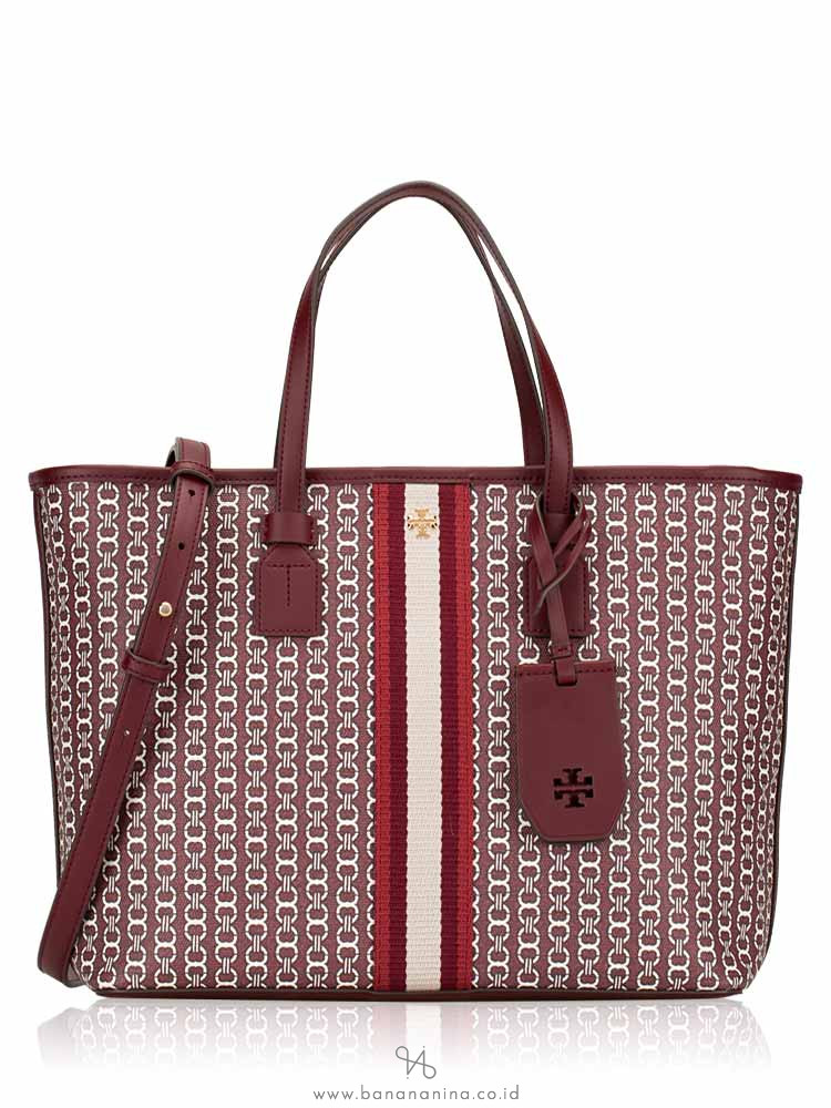 TORY BURCH Gemini Link Canvas Center Stripe Tote Royal Burgundy