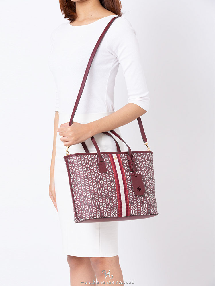 TORY BURCH Gemini Link Canvas Center Stripe Tote Royal Burgundy
