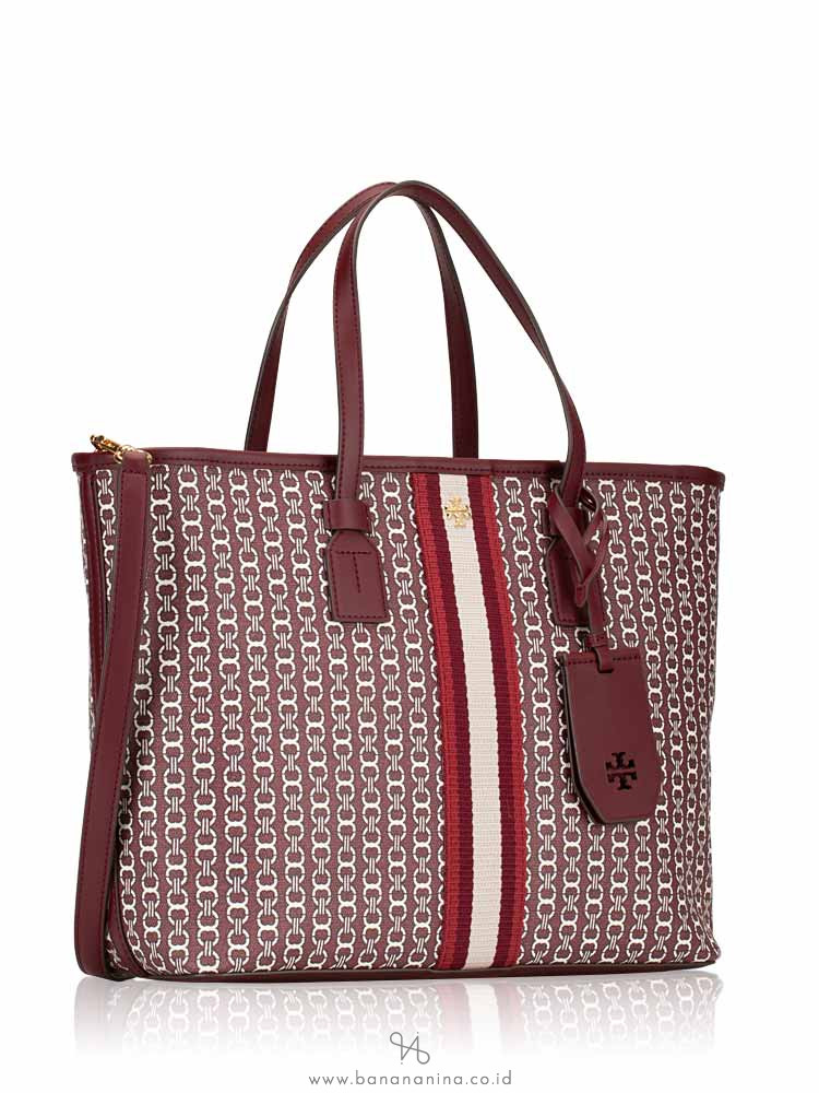 TORY BURCH Gemini Link Canvas Center Stripe Tote Royal Burgundy