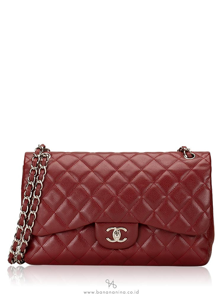 CHANEL Caviar Quilted Jumbo Classic Flap Bag Dark Red
