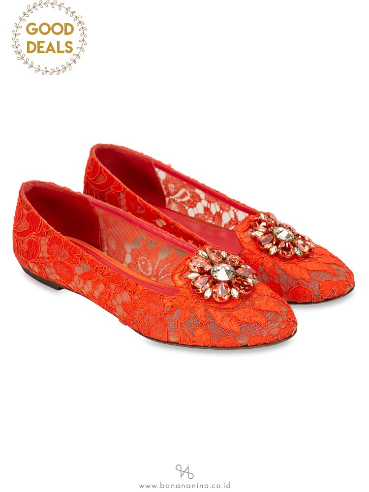 DOLCE & GABBANA Vally Embellished Lace Slippers Coral Sz 39