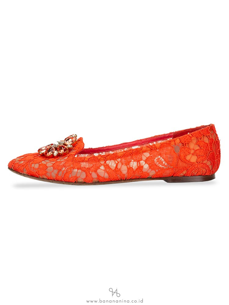 DOLCE & GABBANA Vally Embellished Lace Slippers Coral Sz 39