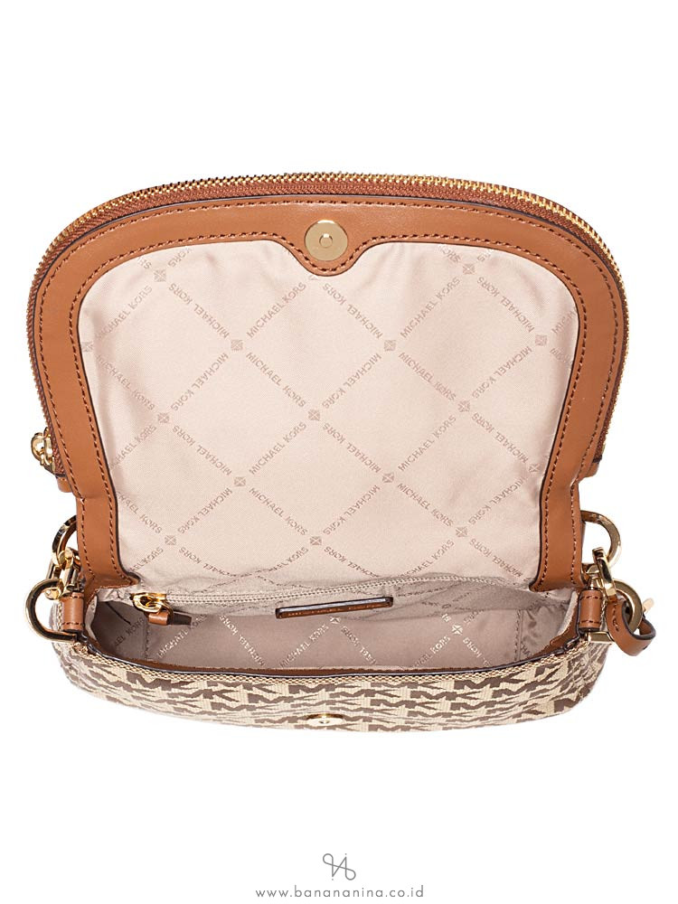 MICHAEL KORS Bedford Monogram Small Flap Crossbody Beige Ebony Luggage