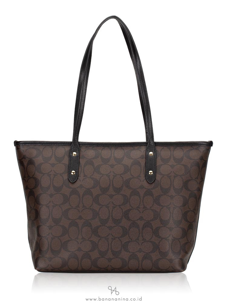 COACH 36876 Signature City Top Zip Tote Brown Black