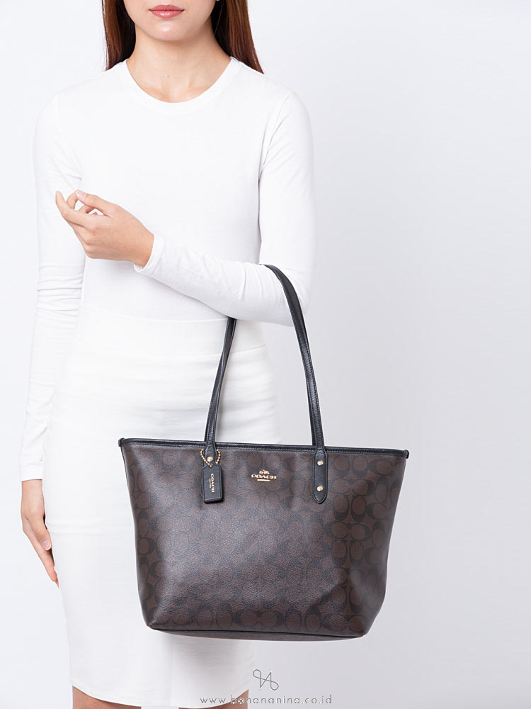 COACH 36876 Signature City Top Zip Tote Brown Black