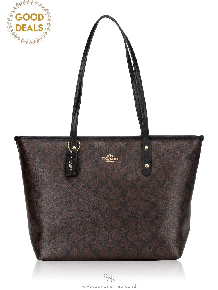 COACH 36876 Signature City Top Zip Tote Brown Black