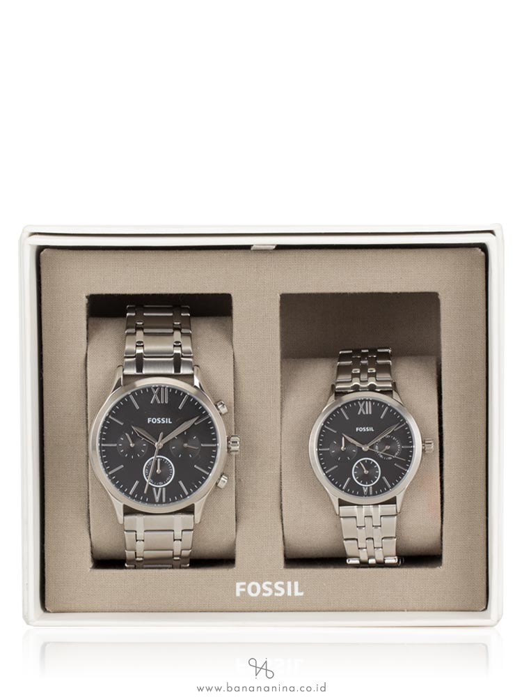 FOSSIL BQ2469 His and Her Fenmore Midsize Chronograph Stainless Gift Set Silver Black