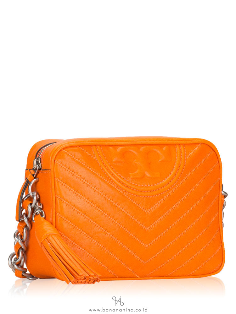TORY BURCH Fleming Distressed Chevron Leather Camera Bag Orange Juice
