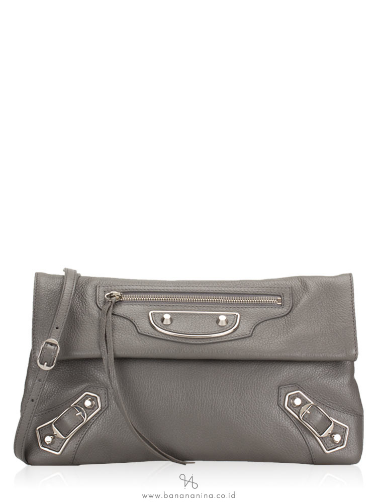 BALENCIAGA Silver Metallic Edge Envelope Clutch Gris Cendre