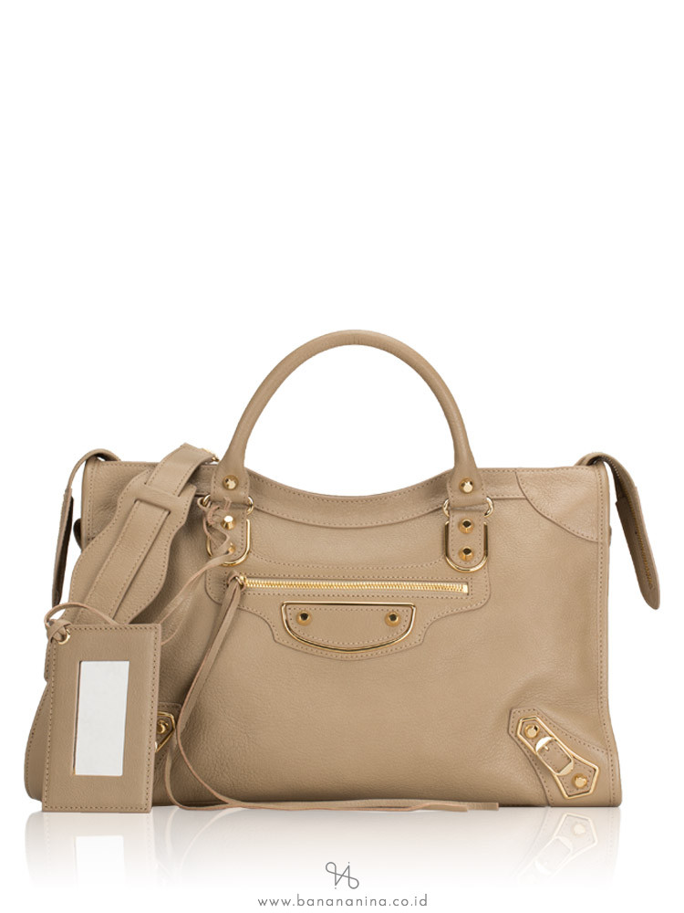 BALENCIAGA Gold Metallic Edge City Gris Taupe