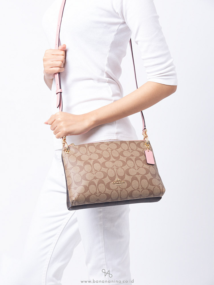 COACH 77981 Signature Mia Blocked Crossbody Khaki Pink Petal