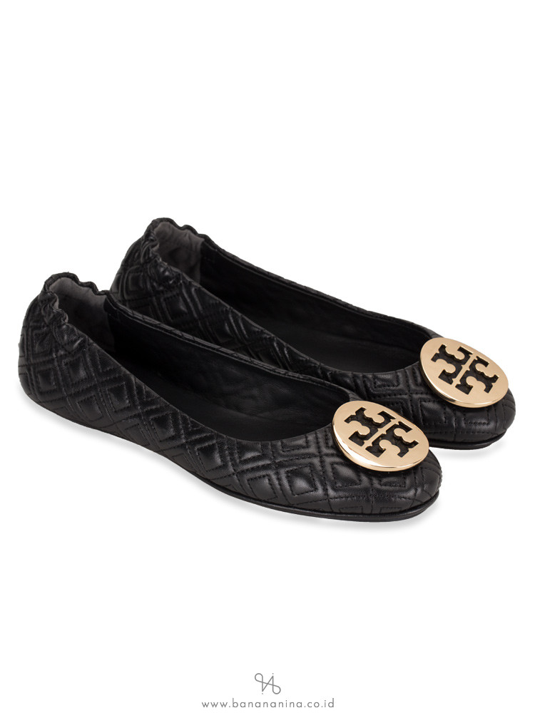 TORY BURCH Minnie Quilted Leather Flats Black Sz 7
