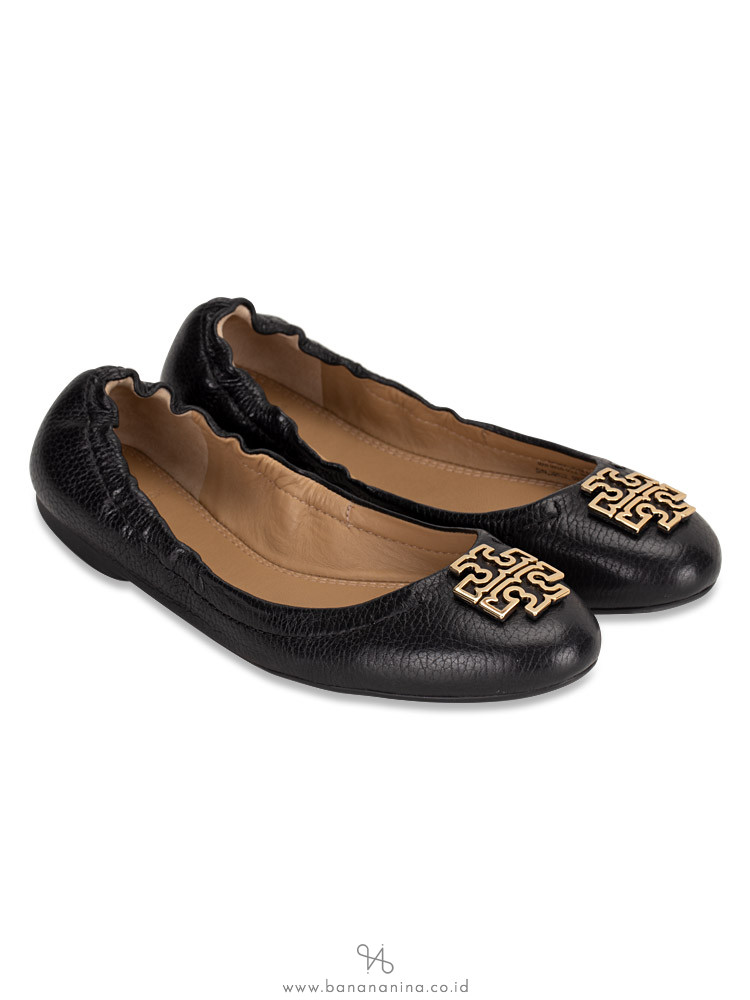 TORY BURCH Melinda Tumbled Leather Flats Black Sz 7