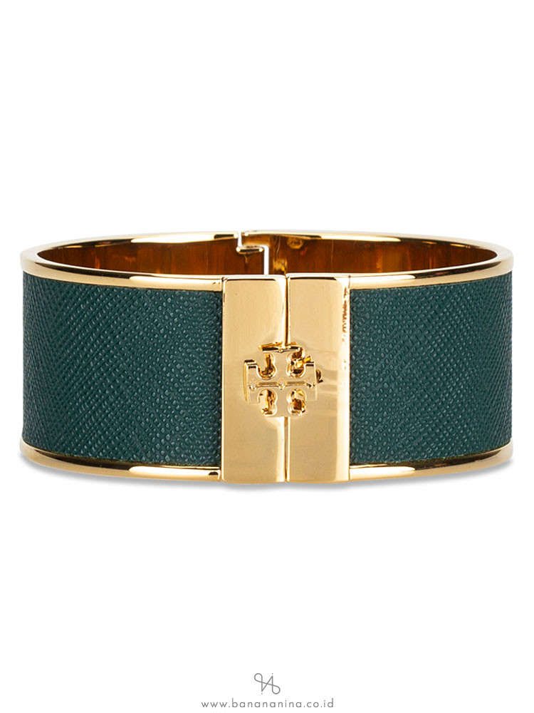 TORY BURCH Skinny Leather Inlay Cuff Green Gold