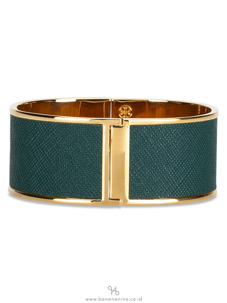 TORY BURCH Skinny Leather Inlay Cuff Green Gold