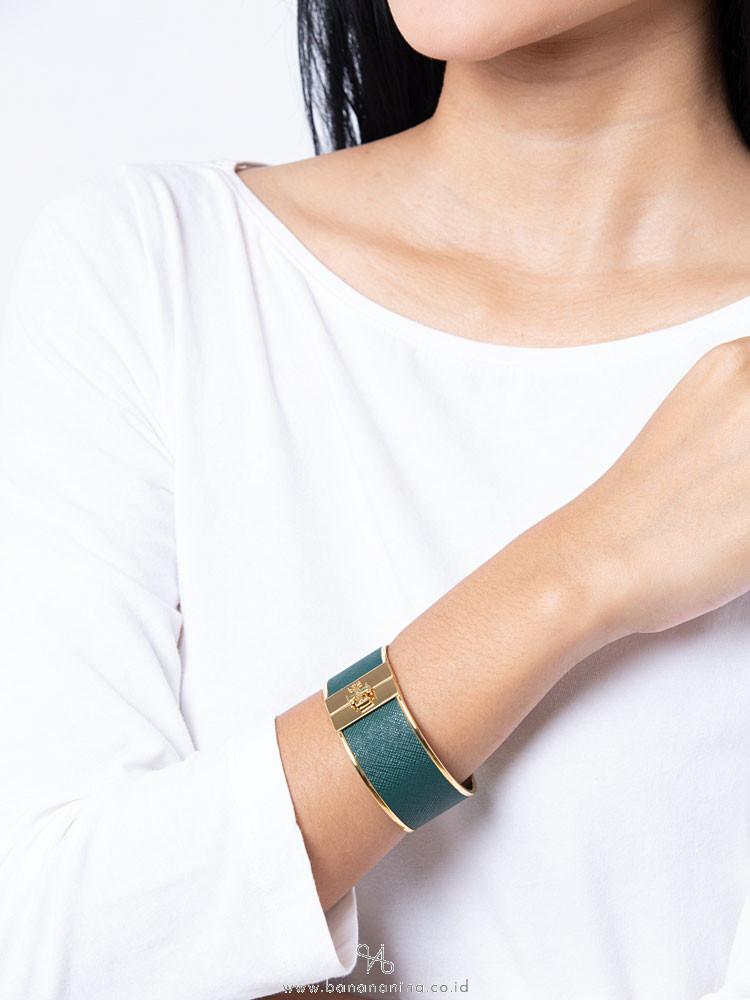 TORY BURCH Skinny Leather Inlay Cuff Green Gold