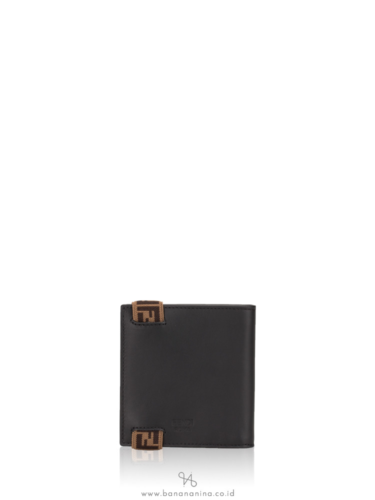 FENDI Men FF Logo Elastic Band Leather Slim Wallet Black Sunflower