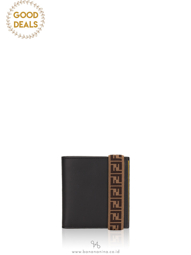 FENDI Men FF Logo Elastic Band Leather Slim Wallet Black Sunflower